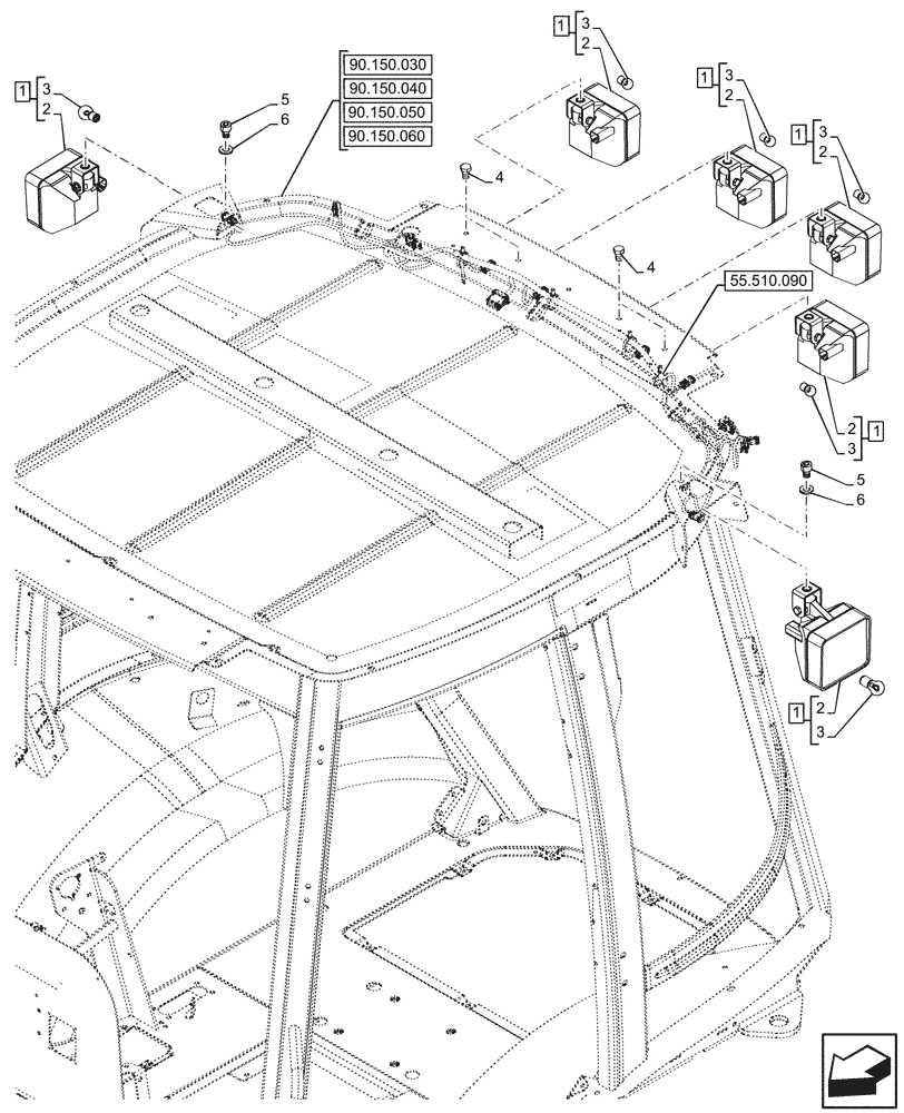 Схема запчастей Case 590SN - (55.404.050) - VAR - 747853, 747854, 747855 - CAB, REAR, WORK LIGHT (55) - ELECTRICAL SYSTEMS