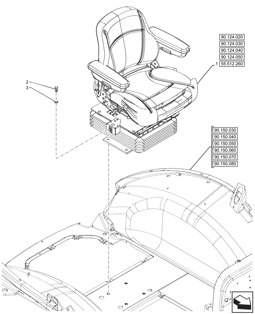 Схема запчастей Case 580SN - (90.124.010) - VAR - 747897 - CAB, SEAT AIR SUSPENSION, CLOTH (90) - PLATFORM, CAB, BODYWORK AND DECALS