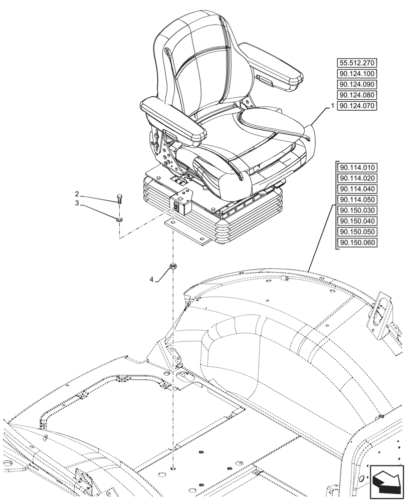 Схема запчастей Case 580SN - (90.124.060) - VAR - 745160 - SEAT AIR SUSPENSION, VINYL (90) - PLATFORM, CAB, BODYWORK AND DECALS