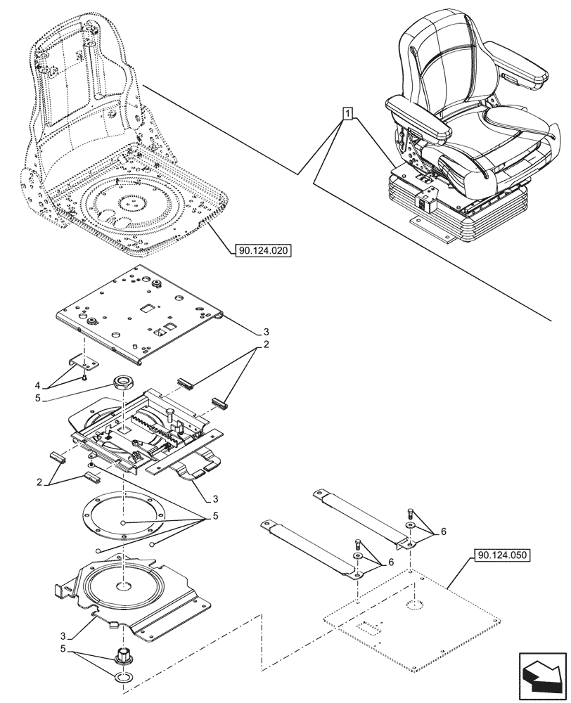 Схема запчастей Case 580SN - (90.124.030) - VAR - 747897 - CAB, SEAT AIR SUSPENSION, CLOTH, SWIVEL PIVOT, COMPONENTS (90) - PLATFORM, CAB, BODYWORK AND DECALS