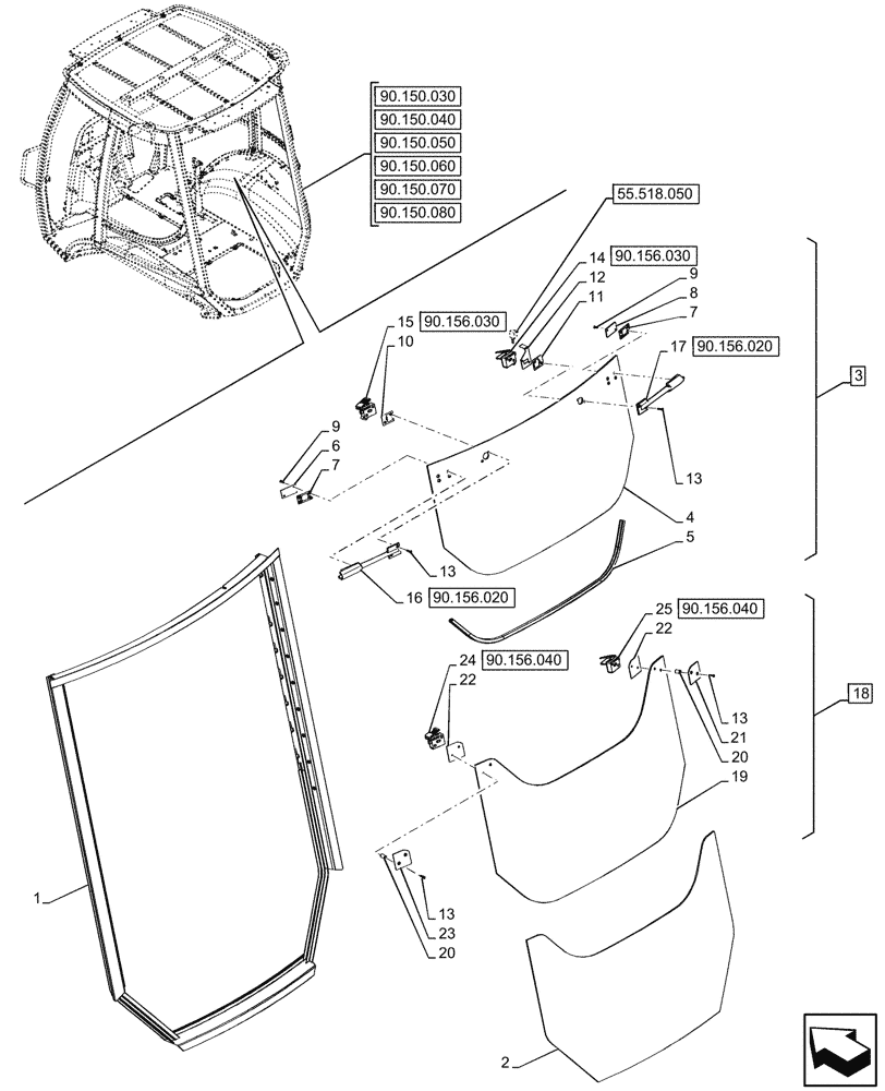 Схема запчастей Case 590SN - (90.156.010) - VAR - 747853, 747854, 747855 - CAB, REAR, WINDOW, FRAME, GLASS (90) - PLATFORM, CAB, BODYWORK AND DECALS