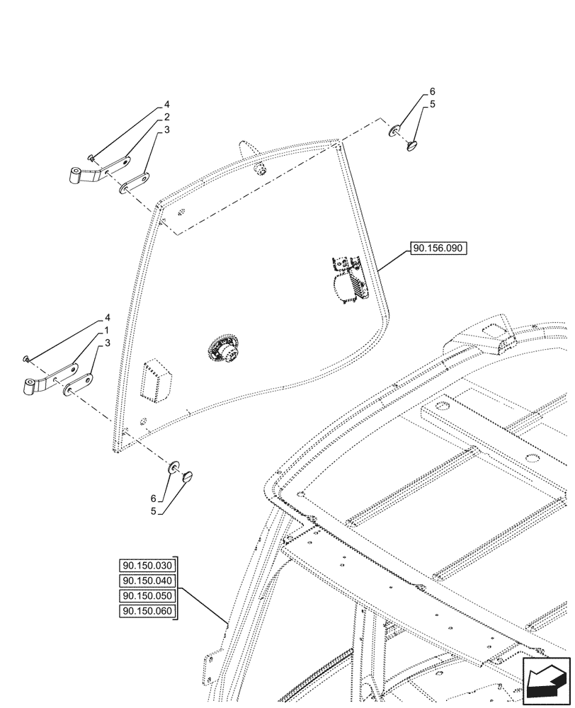 Схема запчастей Case 580SN - (90.156.100) - VAR - 747853, 747854, 747855 - CAB, RIGHT, LATERAL WINDOW, HINGE (90) - PLATFORM, CAB, BODYWORK AND DECALS