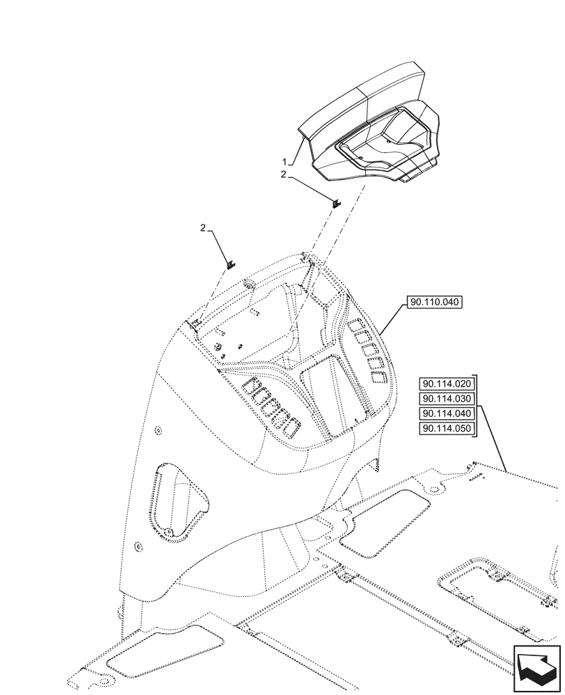 Схема запчастей Case 590SN - (90.110.060) - VAR - 423058, 423059, 423060, 423061, 423062 - CANOPY, FRONT, CONSOLE, COVER (90) - PLATFORM, CAB, BODYWORK AND DECALS