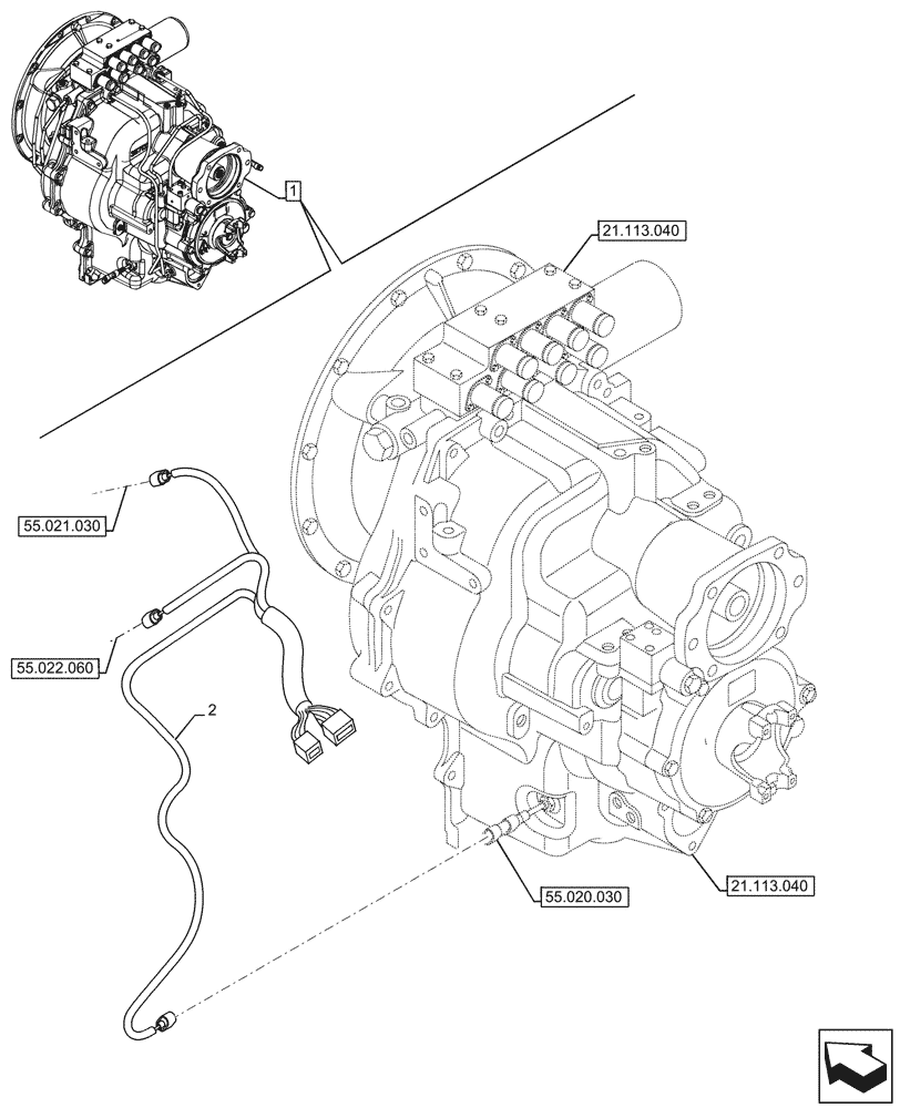 Схема запчастей Case 590SN - (55.024.070) - VAR - 423062 - TRANSMISSION, POWERSHIFT, COMPONENTS, CONTROL VALVE, HARNESS, 4WD (55) - ELECTRICAL SYSTEMS