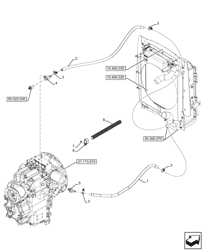 Схема запчастей Case 580SN - (21.105.010) - VAR - 423062 - TRANSMISSION, POWERSHIFT, OIL COOLER LINE, 4WD (21) - TRANSMISSION