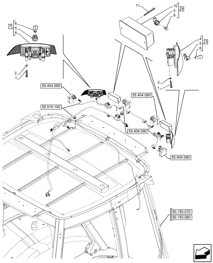 Схема запчастей Case 580N EP - (55.404.110) - VAR - 747853, 747854, 747855 - CAB, REAR, FLASHER LAMP (55) - ELECTRICAL SYSTEMS