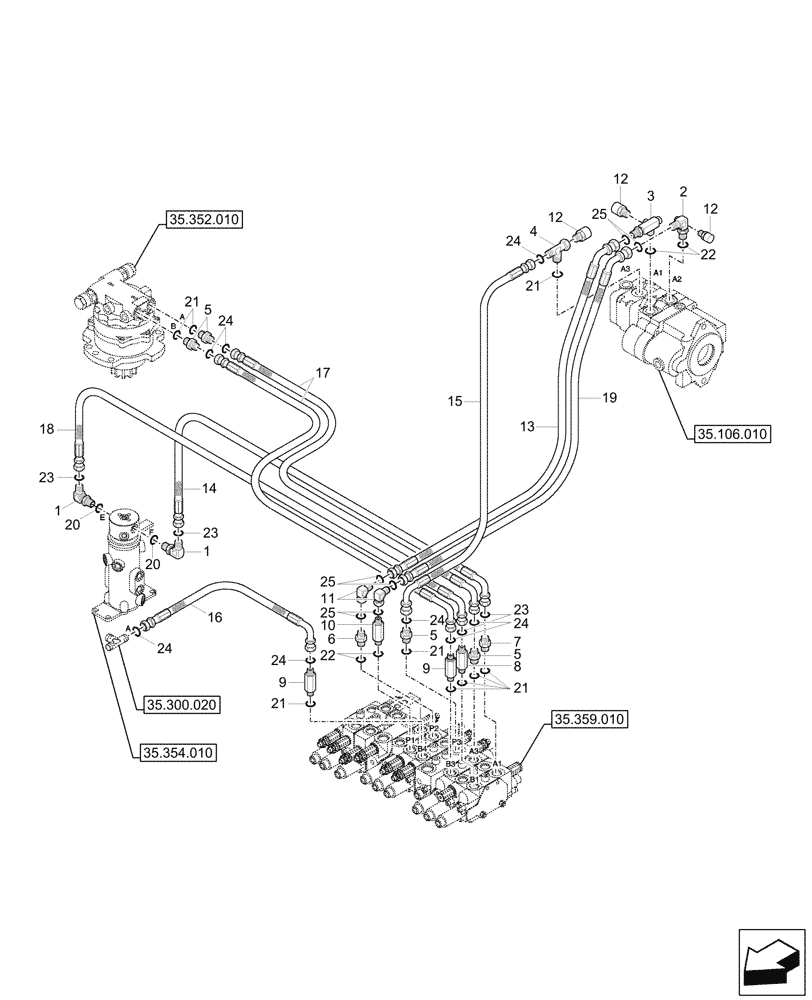 Схема запчастей Case CX26C - (35.359.060) - CONTROL VALVE, LINES (35) - HYDRAULIC SYSTEMS