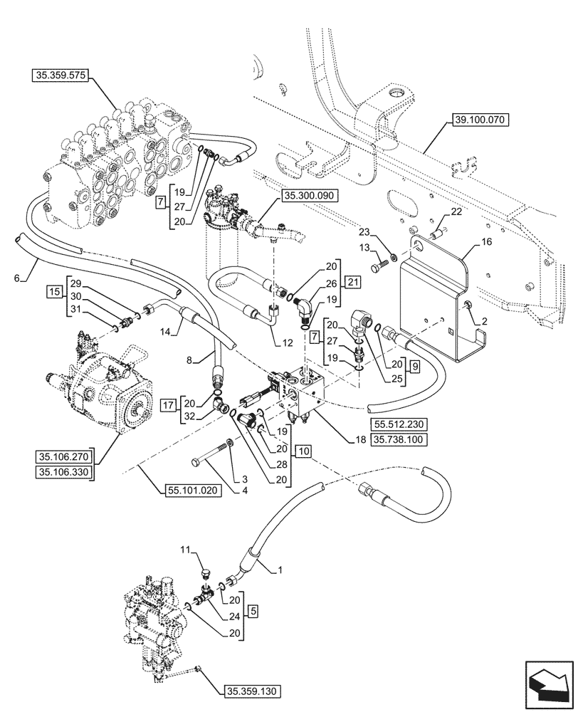 Схема запчастей Case 580SN WT - (35.738.090) - HYDRAULIC LIFT, W/ MECHANICAL LIFT, VALVE, LINES, 4WD (35) - HYDRAULIC SYSTEMS