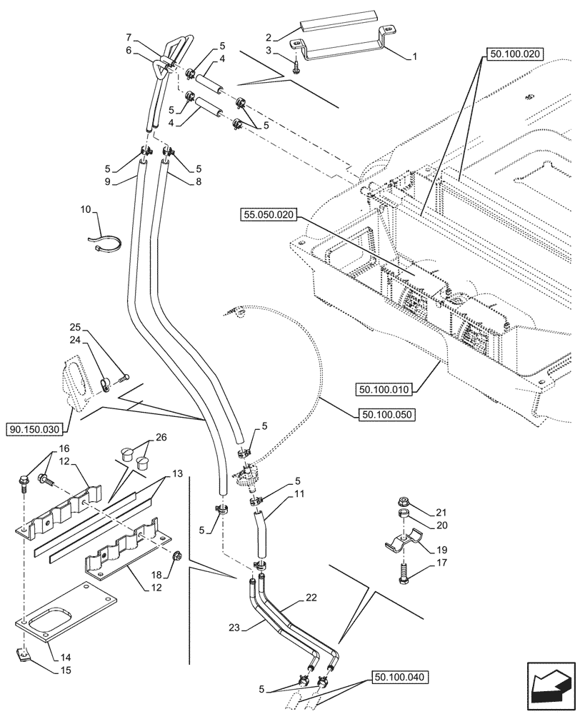 Схема запчастей Case 590SN - (50.100.030) - VAR - 747853, 747854, 747855 - CAB, HEATER, HOSE (50) - CAB CLIMATE CONTROL