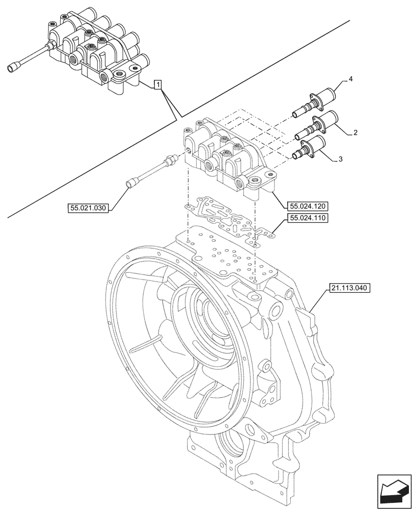 Схема запчастей Case 580SN - (55.024.130) - VAR - 423062 - TRANSMISSION, POWERSHIFT, CONTROL VALVE, COMPONENTS, SOLENOID VALVE, 4WD (55) - ELECTRICAL SYSTEMS