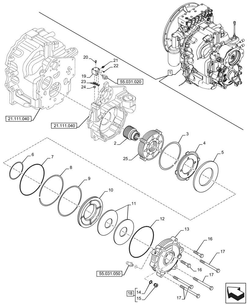 Схема запчастей Case 580N - (33.110.030) - VAR - 423060 - TRANSMISSION, SEMI-POWERSHIFT, COMPONENTS, PARKING BRAKE, DISC, 2WD (33) - BRAKES & CONTROLS