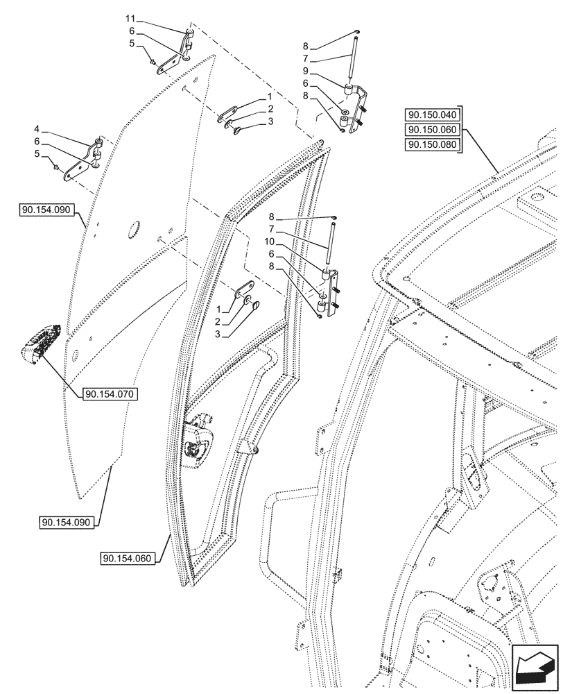 Схема запчастей Case 590SN - (90.154.080) - VAR - 747853 - CAB, RIGHT, DOOR, WEATHERSTRIP, GLASS (90) - PLATFORM, CAB, BODYWORK AND DECALS