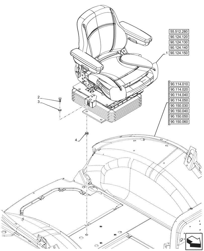 Схема запчастей Case 590SN - (90.124.110) - VAR - 745161 - SEAT AIR SUSPENSION, CLOTH (90) - PLATFORM, CAB, BODYWORK AND DECALS