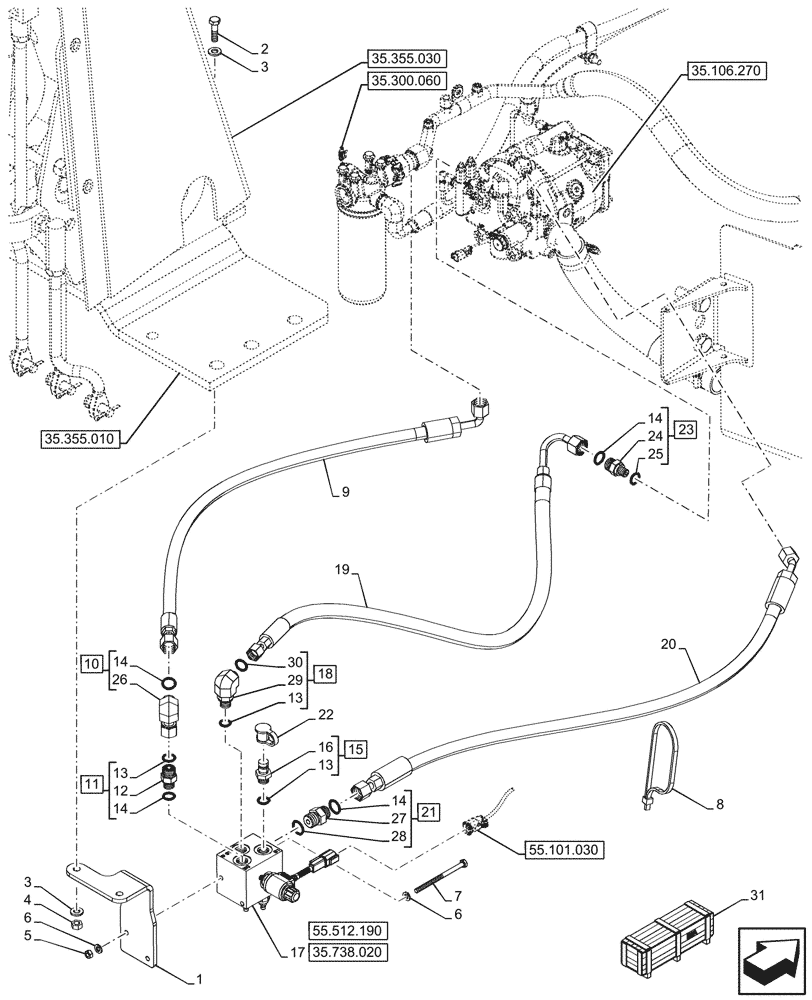 Схема запчастей Case 580SN - (35.738.010) - VAR - 423080 - HYDRAULIC LIFT, W/ MECHANICAL LIFT, VALVE, LINES (35) - HYDRAULIC SYSTEMS