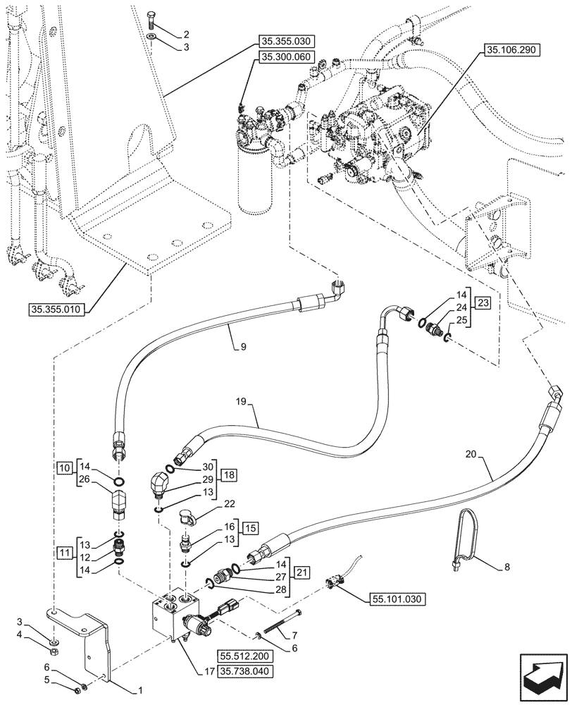 Схема запчастей Case 590SN - (35.738.030) - HYDRAULIC LIFT, W/ MECHANICAL LIFT, VALVE, LINES (35) - HYDRAULIC SYSTEMS