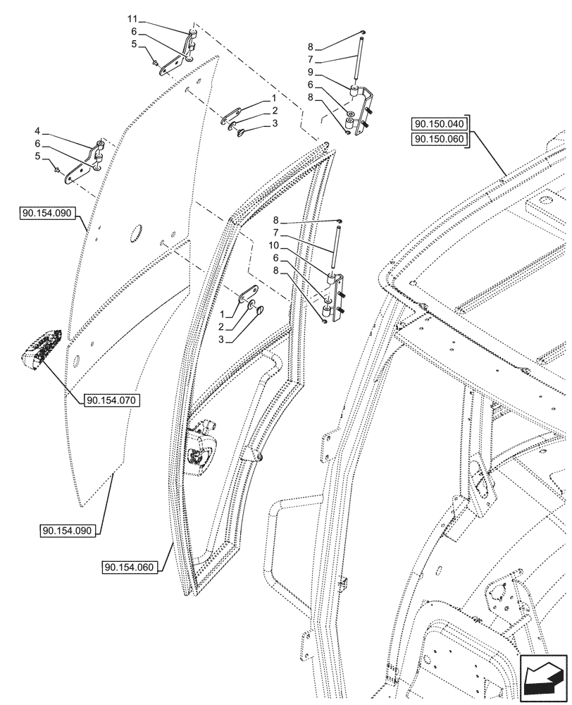 Схема запчастей Case 590SN - (90.154.080) - VAR - 747853 - CAB, RIGHT, DOOR, WEATHERSTRIP, GLASS (90) - PLATFORM, CAB, BODYWORK AND DECALS