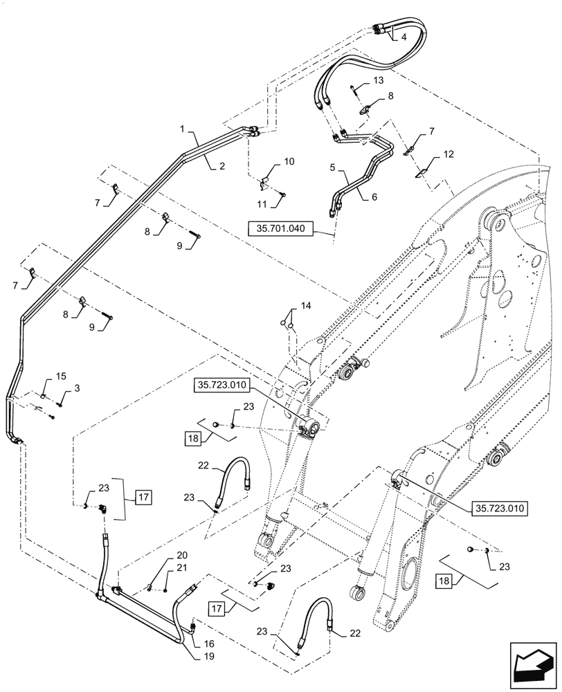 Схема запчастей Case SV340 - (35.723.020) - BUCKET HYDRAULIC CYLINDER LINES (35) - HYDRAULIC SYSTEMS