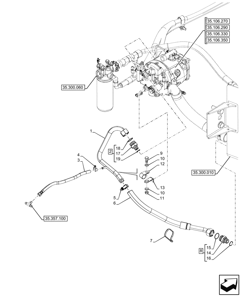 Схема запчастей Case 580SN WT - (35.106.230) - VARIABLE DISPLACEMENT HYDRAULIC PUMP, PILOT CONTROLS, DRAIN LINE (35) - HYDRAULIC SYSTEMS