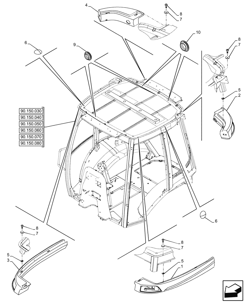 Схема запчастей Case 590SN - (90.150.090) - VAR - 747853, 747854, 747855 - CAB, ROOF (90) - PLATFORM, CAB, BODYWORK AND DECALS