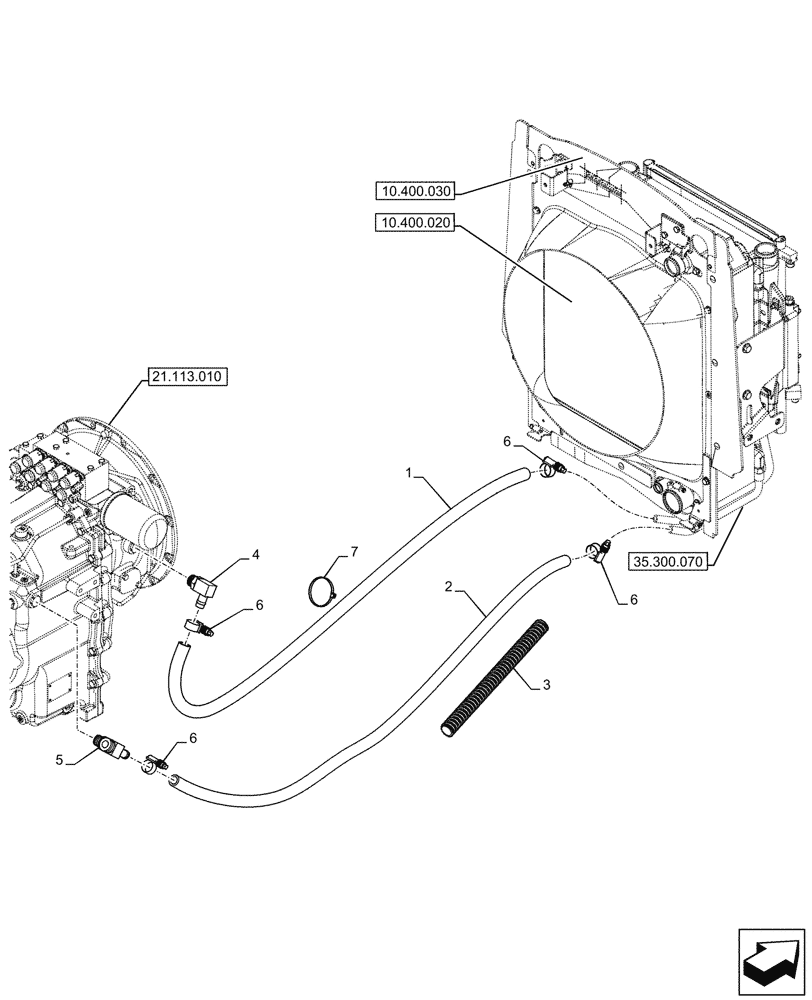 Схема запчастей Case 590SN - (21.105.010) - VAR - 423062 - TRANSMISSION, POWERSHIFT, COMPONENTS, OIL COOLER LINE, 4WD (21) - TRANSMISSION