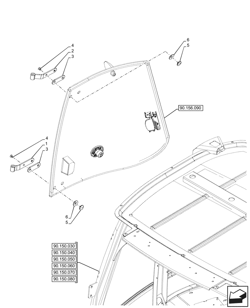 Схема запчастей Case 580SN - (90.156.100) - VAR - 747853, 747854, 747855 - CAB, RIGHT, LATERAL WINDOW, HINGE (90) - PLATFORM, CAB, BODYWORK AND DECALS