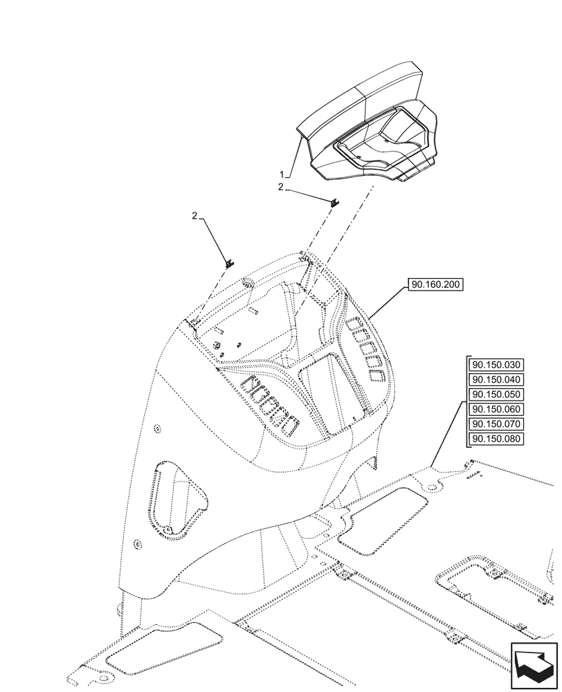 Схема запчастей Case 590SN - (90.160.210) - VAR - 423058, 423059, 423060, 423061, 423062 - CAB, FRONT, CONSOLE, COVERS (90) - PLATFORM, CAB, BODYWORK AND DECALS