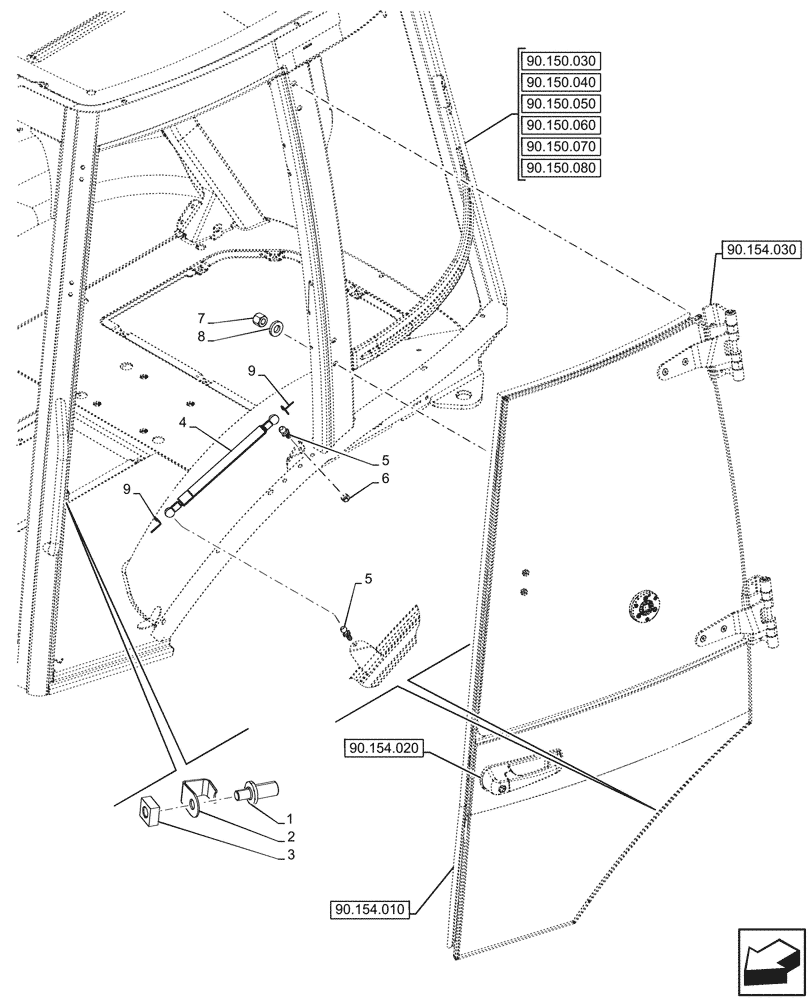 Схема запчастей Case 580SN - (90.154.050) - VAR - 747853, 747854, 747855 - CAB, LEFT, DOOR, RETAINER, STOP (90) - PLATFORM, CAB, BODYWORK AND DECALS