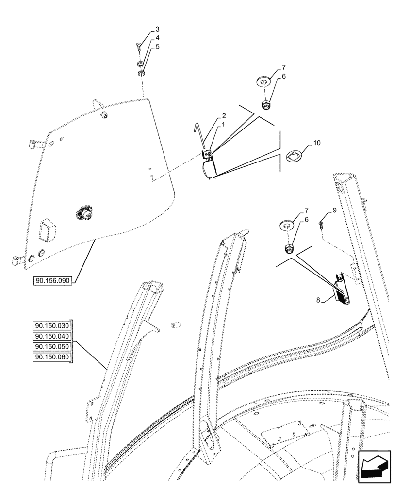 Схема запчастей Case 590SN - (90.156.110) - VAR - 747853, 747854, 747855 - CAB, RIGHT, LATERAL WINDOW, HANDLE, LATCH (90) - PLATFORM, CAB, BODYWORK AND DECALS