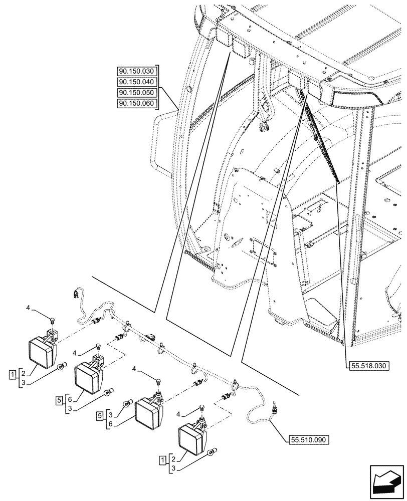 Схема запчастей Case 580SN WT - (55.404.040) - VAR - 747853, 747854, 747855 - CAB, FRONT, WORK LIGHT (55) - ELECTRICAL SYSTEMS