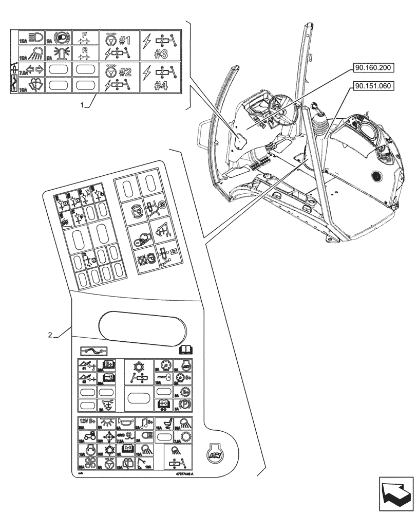 Схема запчастей Case 590SN - (90.108.195) - VAR - 423062 - DECAL, TRANSMISSION, POWERSHIFT, FUSE, RELAY, 4WD (90) - PLATFORM, CAB, BODYWORK AND DECALS