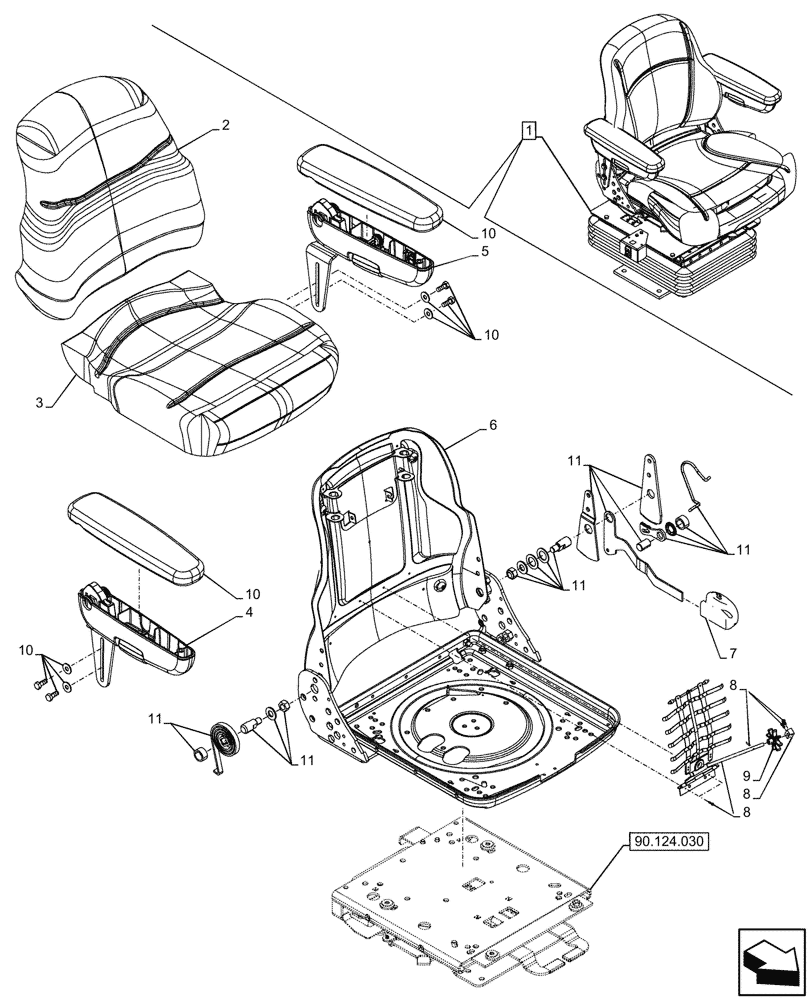 Схема запчастей Case 580SN - (90.124.020) - VAR - 747897 - CAB, SEAT AIR SUSPENSION, CLOTH, CUSHION, ARMREST, COMPONENTS (90) - PLATFORM, CAB, BODYWORK AND DECALS