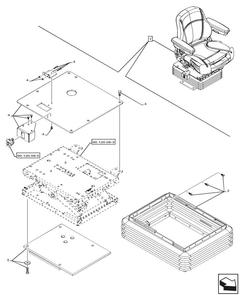 Схема запчастей Case 580SN - (90.124.050) - VAR - 747897 - CAB, SEAT AIR SUSPENSION, CLOTH, BELLOWS, PEDESTAL, COMPONENTS (90) - PLATFORM, CAB, BODYWORK AND DECALS