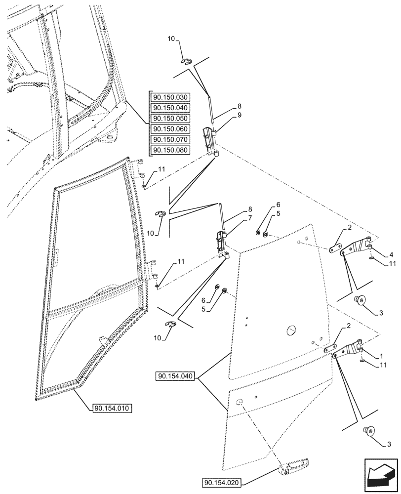 Схема запчастей Case 580SN - (90.154.030) - VAR - 747853, 747854, 747855 - CAB, LEFT, DOOR, HINGE (90) - PLATFORM, CAB, BODYWORK AND DECALS