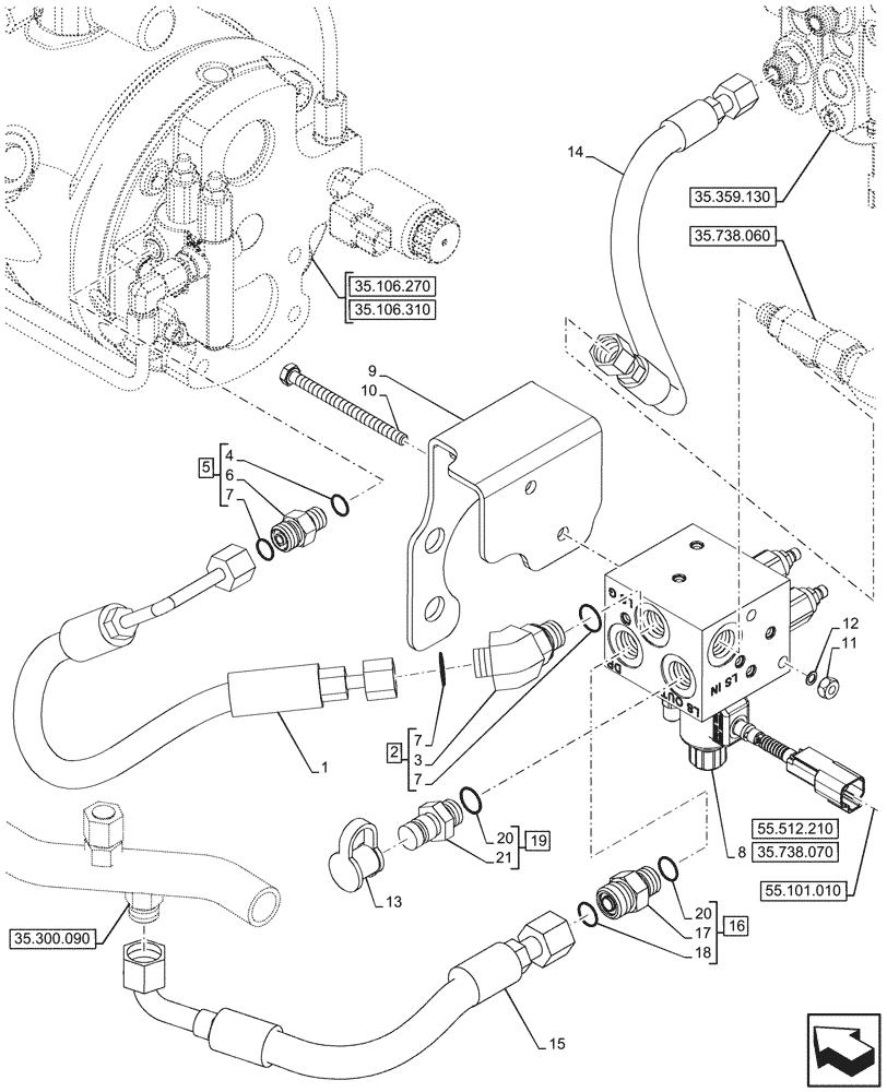 Схема запчастей Case 580SN - (35.738.050) - HYDRAULIC LIFT, PILOT CONTROLS, VALVE, LINES (35) - HYDRAULIC SYSTEMS