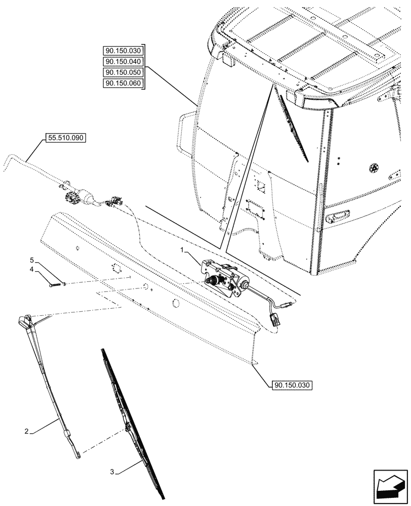 Схема запчастей Case 590SN - (55.518.030) - VAR - 747853, 747854, 747855 - CAB, WINDSHIELD WIPER, MOTOR, ARM, BLADE (55) - ELECTRICAL SYSTEMS