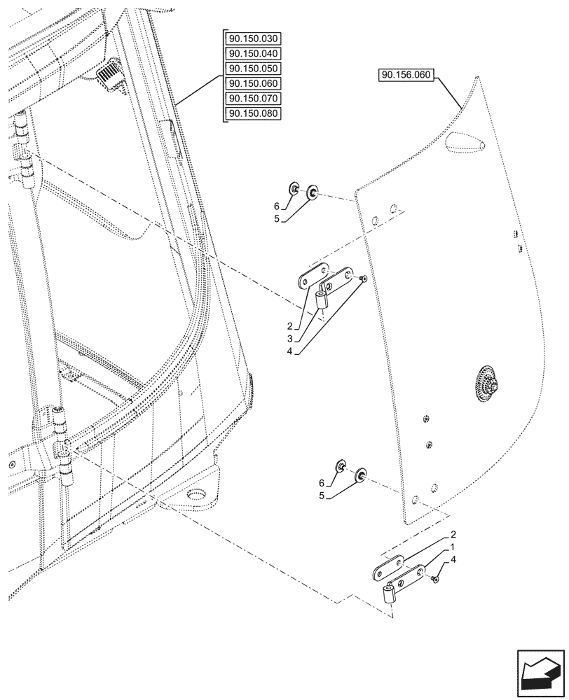 Схема запчастей Case 580SN - (90.156.070) - VAR - 747853, 747854, 747855 - CAB, LEFT, LATERAL WINDOW, HINGE (90) - PLATFORM, CAB, BODYWORK AND DECALS