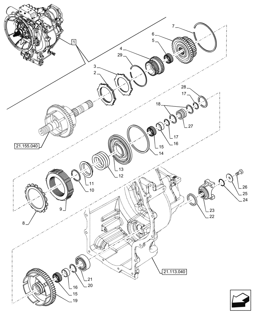 Схема запчастей Case 580SN - (21.155.050) - VAR - 423062 - TRANSMISSION, POWERSHIFT, COMPONENTS, OUTPUT SHAFT, 4WD (21) - TRANSMISSION