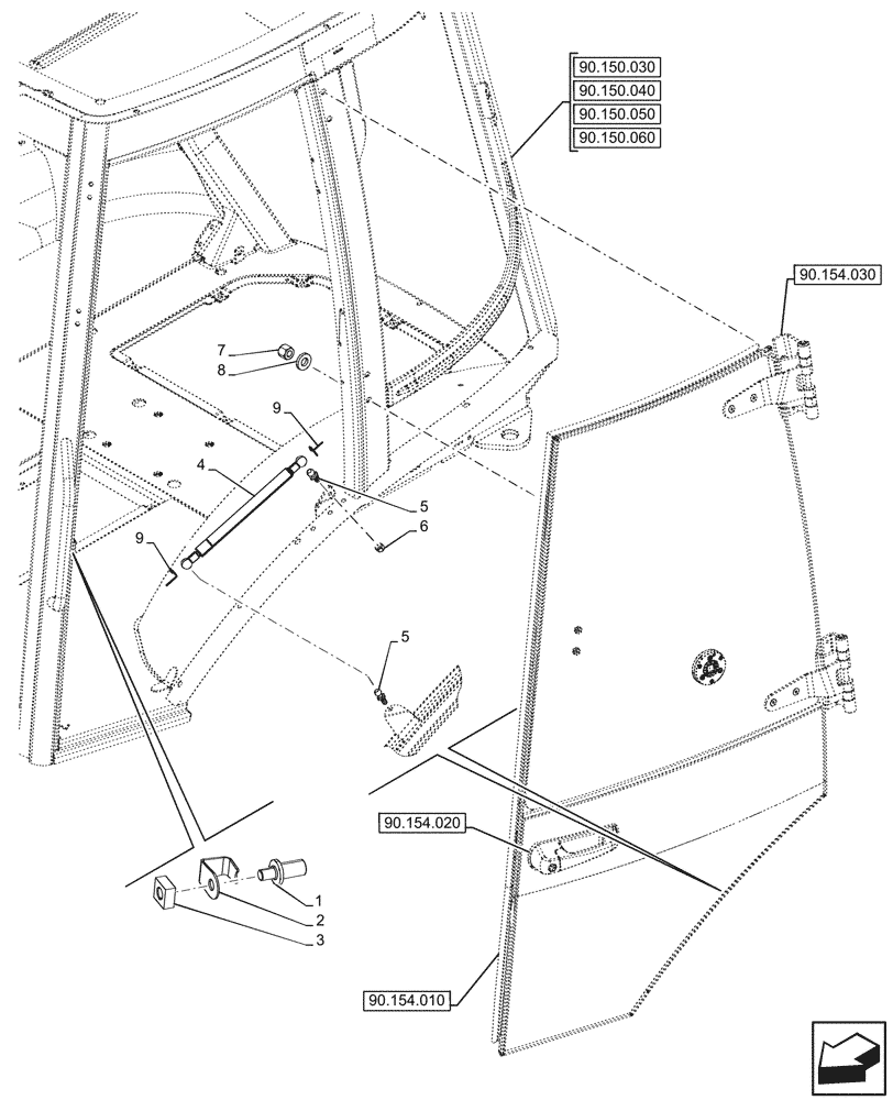 Схема запчастей Case 580SN - (90.154.050) - VAR - 747853, 747854, 747855 - CAB, LEFT, DOOR, RETAINER, STOP (90) - PLATFORM, CAB, BODYWORK AND DECALS