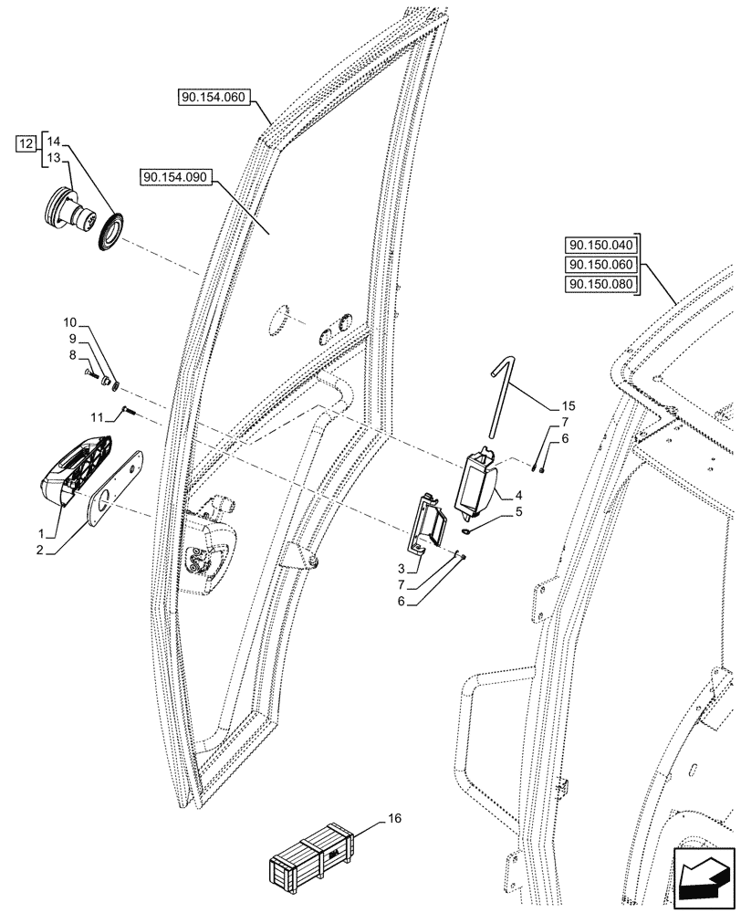 Схема запчастей Case 580SN - (90.154.070) - VAR - 747853 - CAB, RIGHT, DOOR, LATCH, HANDLE (90) - PLATFORM, CAB, BODYWORK AND DECALS