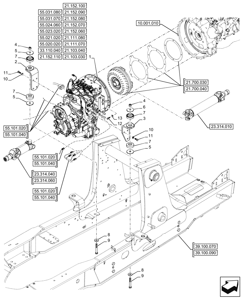 Схема запчастей Case 580SN - (21.111.050) - VAR - 423061 - TRANSMISSION, SEMI-POWERSHIFT, 4WD (21) - TRANSMISSION