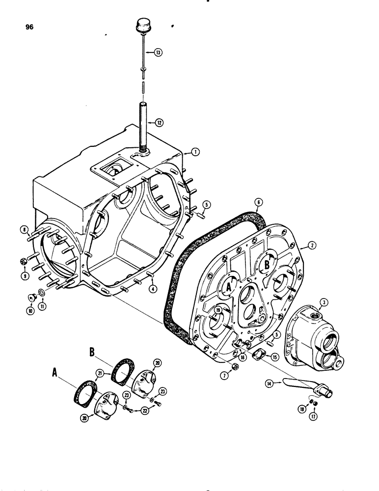 Схема запчастей Case 450B - (096) - TRANSMISSION, HOUSING, FRONT COVERS AND DIPSTICK (03) - TRANSMISSION