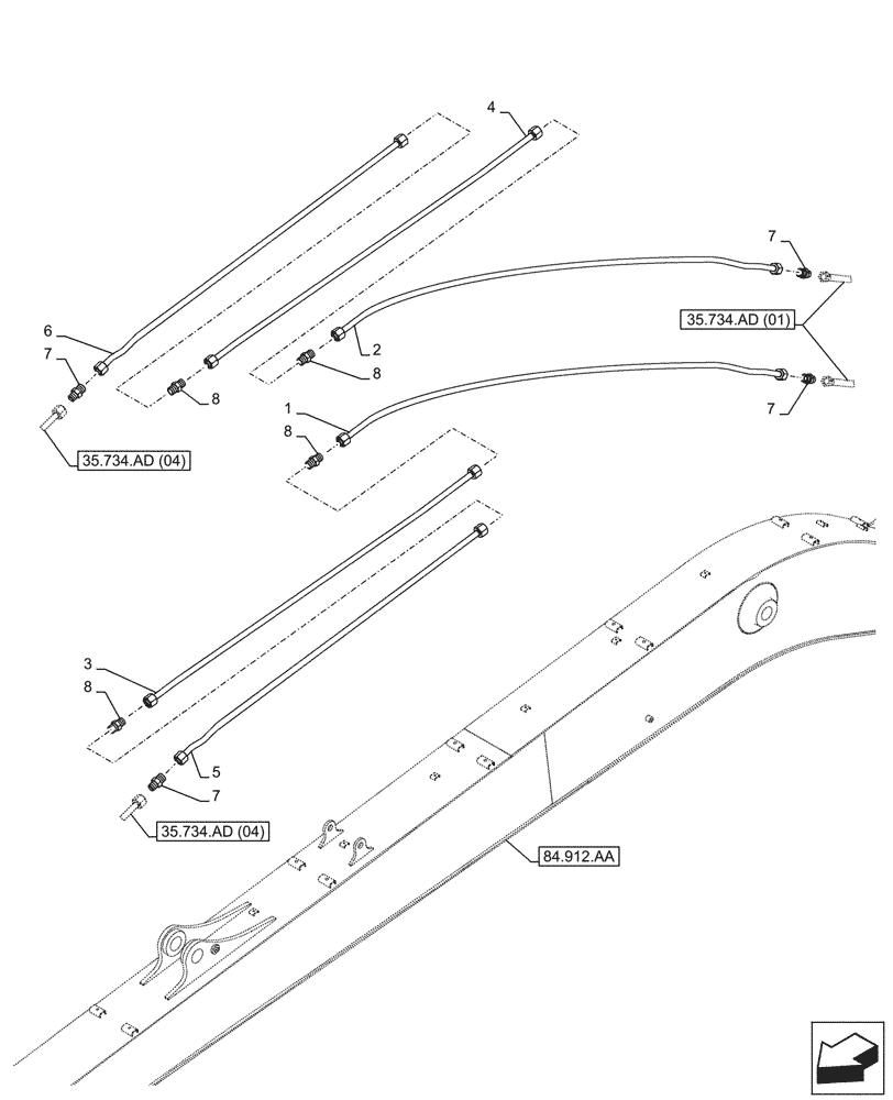 Схема запчастей Case CX210D LC LR - (35.734.AH[08]) - VAR - 781128 - QUICK COUPLER, HYDRAULIC LINE, BOOM (35) - HYDRAULIC SYSTEMS
