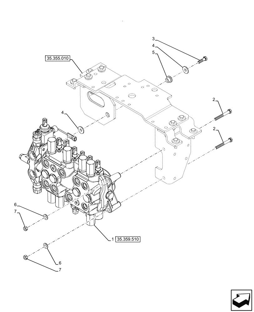 Схема запчастей Case 580N - (35.359.505) - 7-SPOOL, BACKHOE CONTROL VALVE, STANDARD DIPPER, HAND SWING, W/ 2 LEVER CONTROLS, W/ DOUBLE AUXILIARY HYDRAULIC, MOUNTING PARTS (35) - HYDRAULIC SYSTEMS