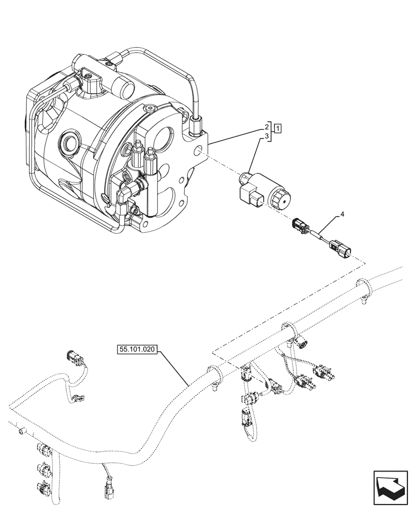 Схема запчастей Case 580SN - (55.036.150) - VARIABLE DISPLACEMENT HYDRAULIC PUMP, DIODE SUPPRESSOR, HARNESS, (W/O POWER LIFT, W/ DUAL BATTERIES) (55) - ELECTRICAL SYSTEMS