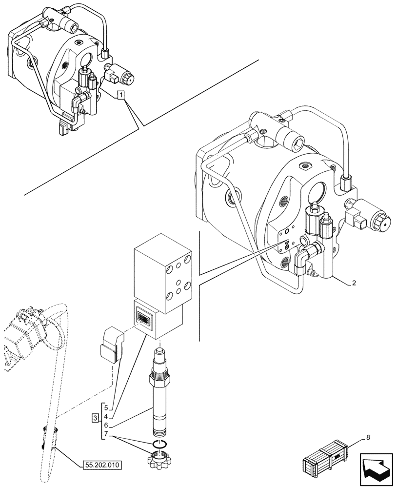 Схема запчастей Case 590SN - (55.202.050) - VARIABLE DISPLACEMENT HYDRAULIC PUMP, COLD START, VALVE (W/ POWER LIFT, W/ DUAL BATTERIES) (55) - ELECTRICAL SYSTEMS