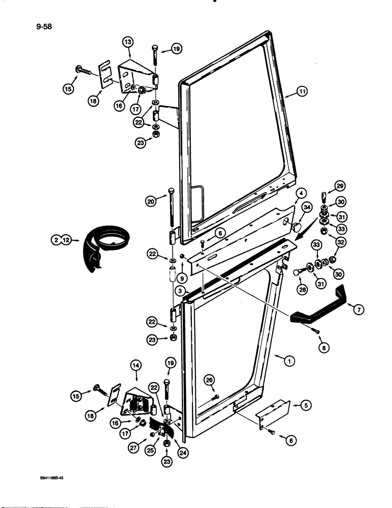 Схема запчастей Case W30 - (9-58) - CAB DOOR AND WINDOW MOUNTING, (INSIDE OF LEFT-HAND DOOR AND WINDOW SHOWN) (09) - CHASSIS/ATTACHMENTS