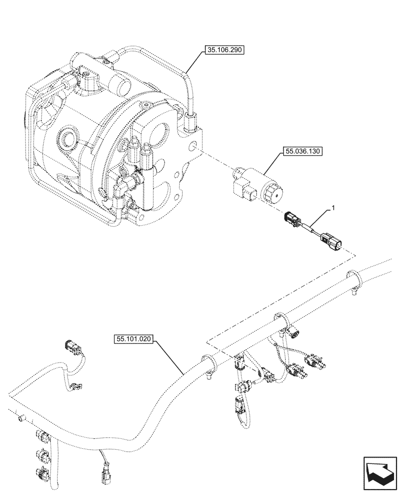 Схема запчастей Case 590SN - (55.036.140) - VARIABLE DISPLACEMENT HYDRAULIC PUMP (W/ POWER LIFT, W/O DUAL BATTERIES), DIODE, SUPPRESSOR (55) - ELECTRICAL SYSTEMS