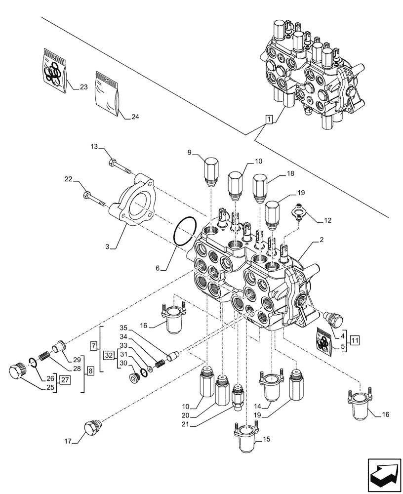 Схема запчастей Case 580N - (35.359.530) - 6-SPOOL, BACKHOE CONTROL VALVE, STANDARD DIPPER, FOOT SWING, W/O 2 LEVER CONTROLS, W/O DOUBLE AUXILIARY HYDRAULIC, COMPONENTS (35) - HYDRAULIC SYSTEMS