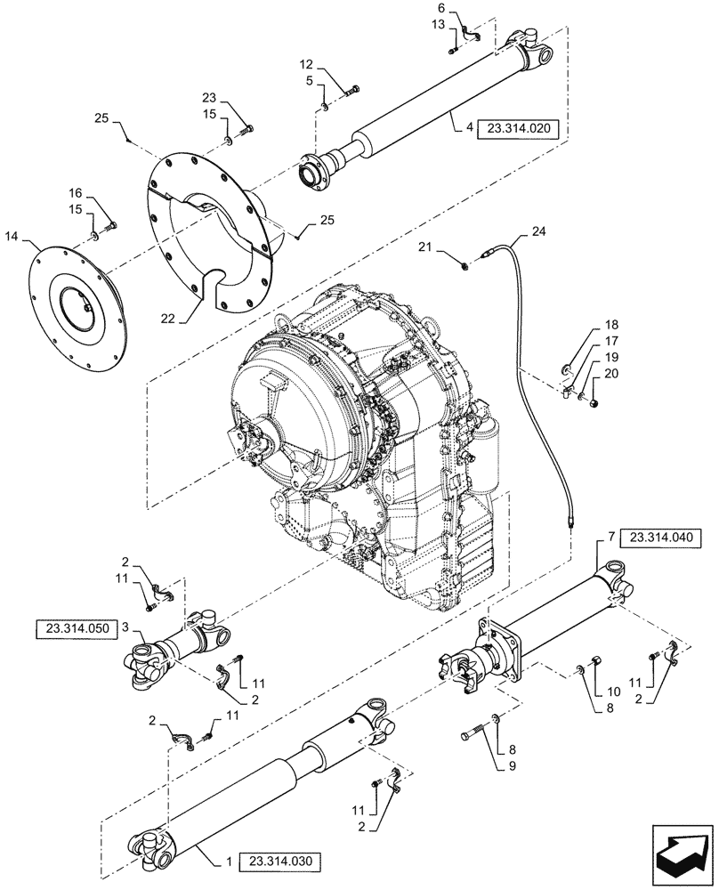 Схема запчастей Case 521G - (23.314.010) - DRIVE SHAFT INSTALLATION (23) - FOUR WHEEL DRIVE SYSTEM