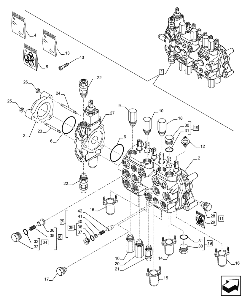 Схема запчастей Case 580SN - (35.359.550) - 7-SPOOL, BACKHOE CONTROL VALVE, STANDARD DIPPER, FOOT SWING, W/O 2 LEVER CONTROLS, W/ DOUBLE AUXILIARY HYDRAULIC, COMPONENTS (35) - HYDRAULIC SYSTEMS